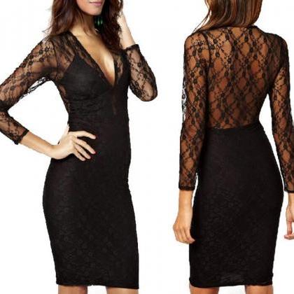 New Dress 2015 Autumn Winter Women Lace Dress V-Neck Perspective ...