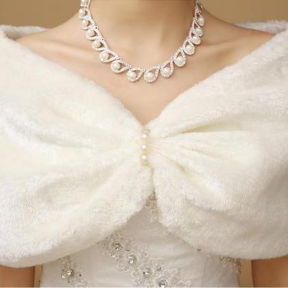Ivory Wedding Wrap Beads Faux Fur Shawl Bridal..