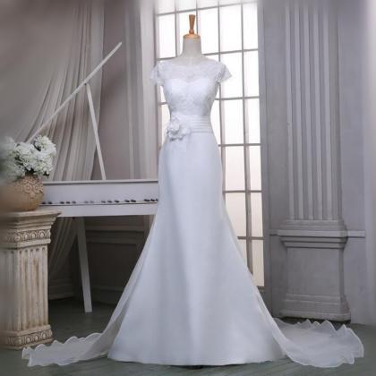 Elegant Cap Sleeve Flowers Simple Wedding Dress..