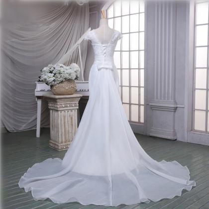 Elegant Cap Sleeve Flowers Simple Wedding Dress..
