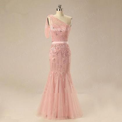 Luxury One Shoulder Beaded Sparkly Long Pink..