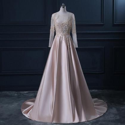 Long Sleeve Satin Champagne Pearl Prom Dresses 2016 Elegant Prom Gowns ...