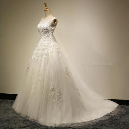 A-line Scoop Neck Lace Up Sweep Train Wedding..