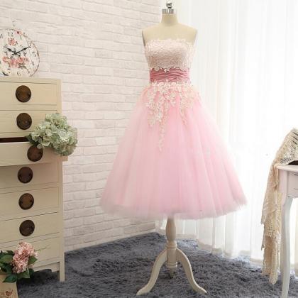 Pink Strapless Lace Appliqué Short Homecoming..