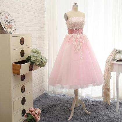 Pink Strapless Lace Appliqué Short Homecoming..