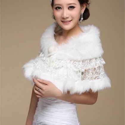 Bridal Shawl Fake Fur Stole White Ivory Lace Shrug..