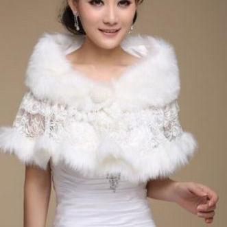 Bridal Shawl Fake Fur Stole White Ivory Lace Shrug..