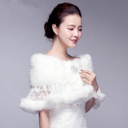Bridal Rhinestone Shawl Fake Fur Stole White Ivory..