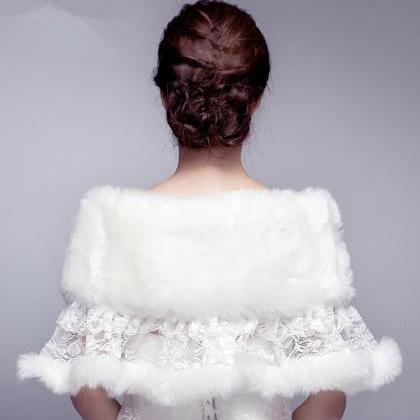 Bridal Rhinestone Shawl Fake Fur Stole White Ivory..