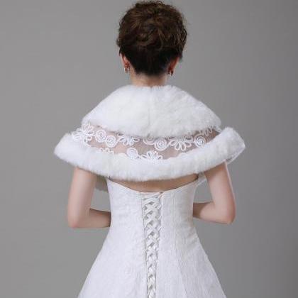 Lace Shawl Fake Fur Stole Cloak Ivory Bridal Dress..