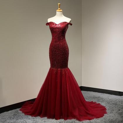 Off The Shoulder Sweetheart Dark Red Prom Dress..