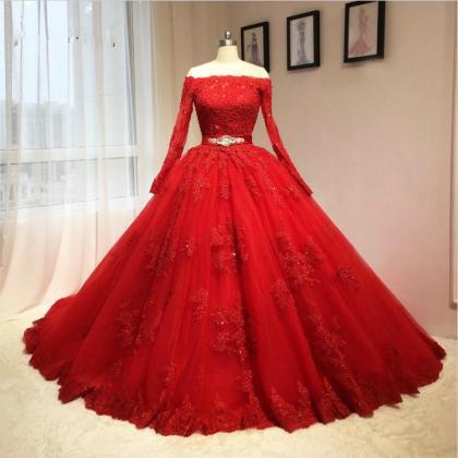 Sexy Long Sleeve Off Shoulder Red Wedding Dress..