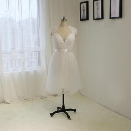 Fashion Cap Sleeve Lace Short Wedding Dress A Line..