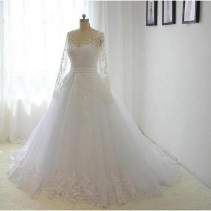 Tulle Long Sleeves Wedding Dress A-line Lace..