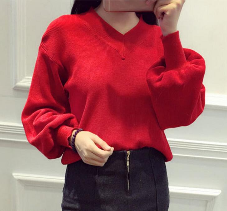Fashion Women Korean Sweater Knitted Tops Casual For Autumn Winter Knitted Pullover V-neck Loose Sweater