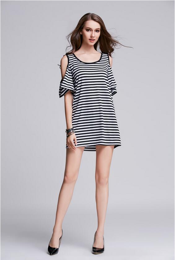 2015 Summer Beach Dress Women's Clothing Ethnic Brand Black White Striped Short Sleeve Straight Short Casual Dress O-neck Tops