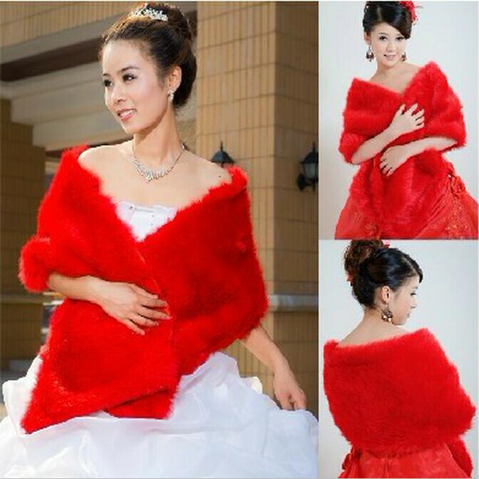 Stylish Red Fake Fur Shrug Prom Dress Boleros Bride Coat Wedding Shawl Jacket Wrap Wedding Accessories