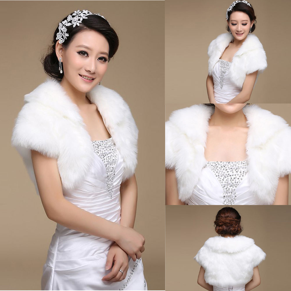 White / Ivory Faux Fur Jacket Wedding Bridal Shawl Wrap Stole Shrug Cape Tippet Coat