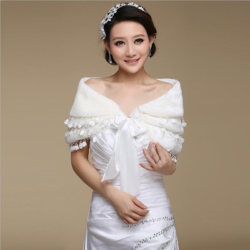 Ivory Fake Fur Shawl Winter Bridal Bolero Wrap Shrug Wedding Dress Jacket Tassel Cloak Wedding Accessories