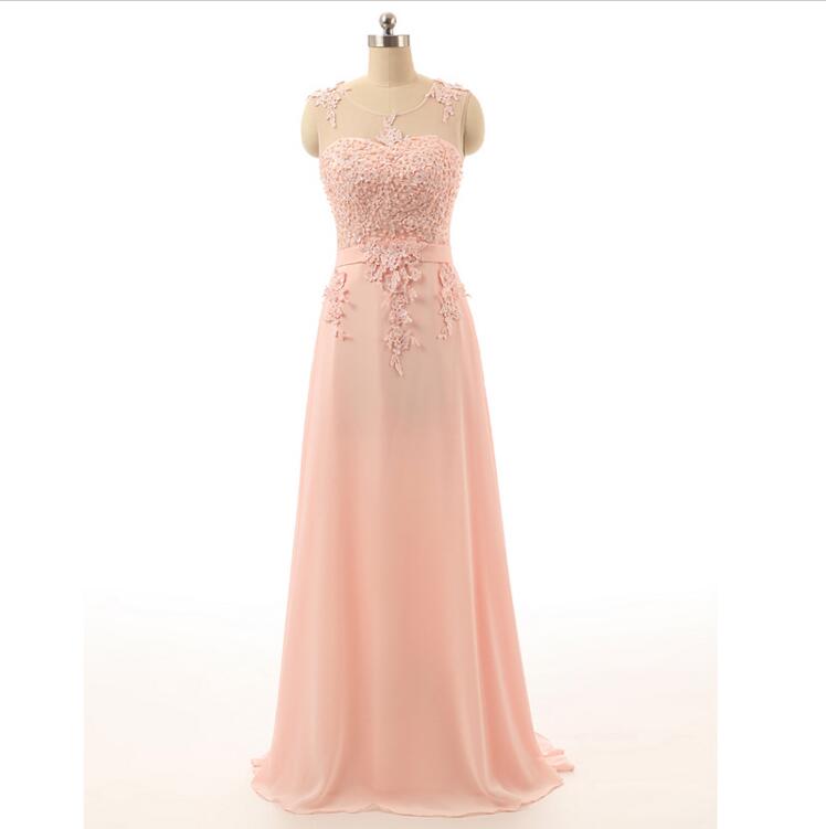 2016 Lace Floor Length Bridesmaid Dress Fashion Sleeveless Pink A Line Ball Gown Chiffon Evening Dress Prom Dresses Wedding Party Dresses