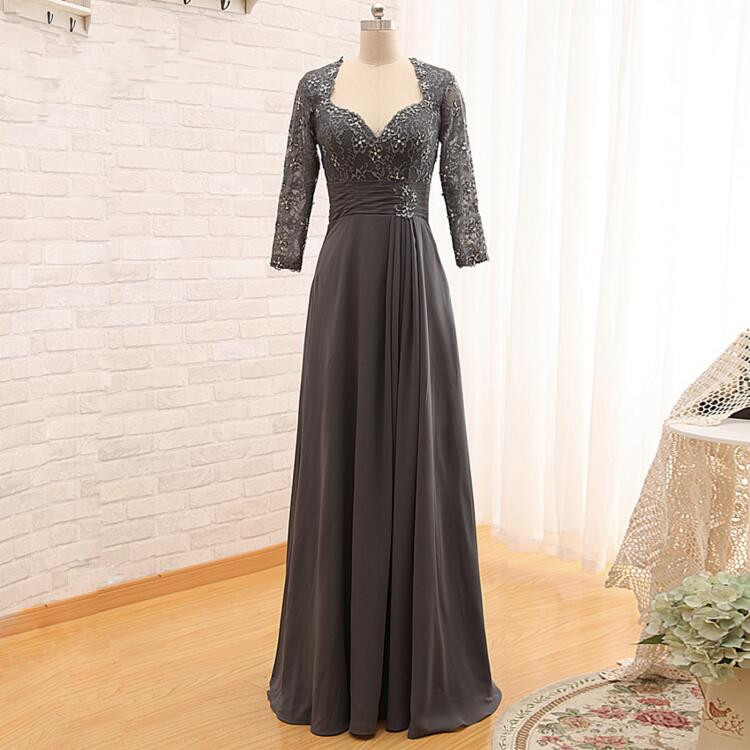 Grey Chiffon Mother Of The Bride Dresses Long Sleeves Lace Floor Length ...