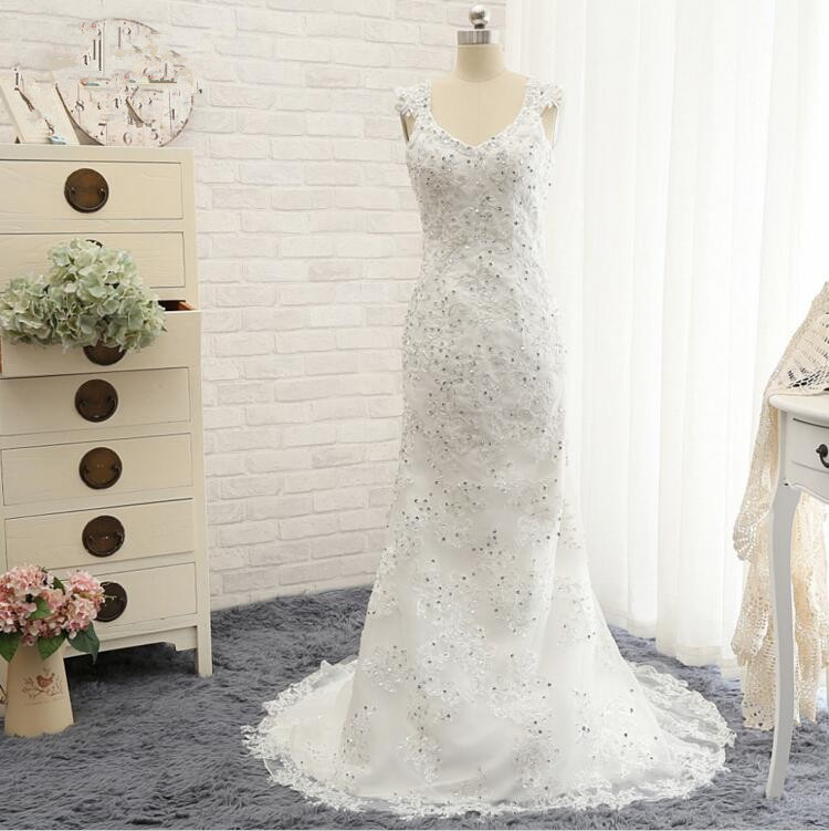 Sexy Lace Appliques Mermaid Wedding Dresses White/ivory V Neck Long Beading Bridal Gown Plus Size