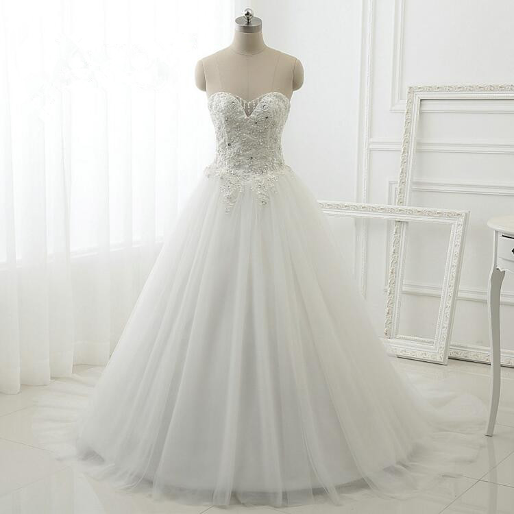 Floor Length A-line Tulle Wedding Gown Featuring Beaded Embellished Sweetheart Bodice And Lace-up Back In White Or Ivory