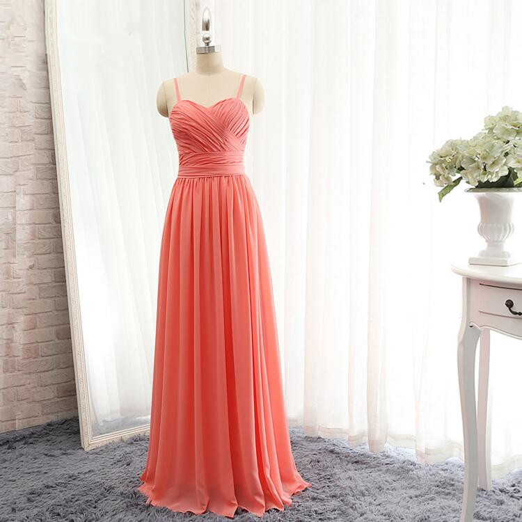 Sexy Spaghetti Straps Coral Bridesmaid Dress Plus Size Long Chiffon Sweetheart Party Dress Bow Graduation Gown A Line Prom Dress