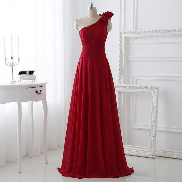 2016 Long One Shoulder Red Chiffon Bridesmaid Dress Floor Length Evening Party Gowns Fashion A Line Prom Dress Custom Made
