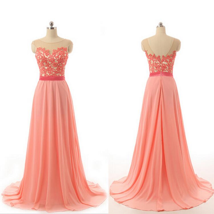Cap Sleeve Coral Colored Lace Applique Bridesmaid Dress Chiffon A Line