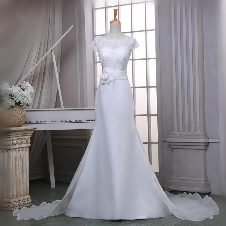 Elegant Cap Sleeve Flowers Simple Wedding Dress White/ivory Lace Bridal Dresses