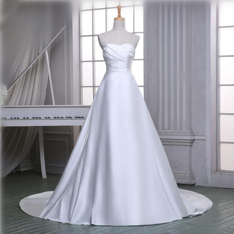 Chapel Train Satin Elegant A Line Wedding Dresses 2016 Simple Modest White/ivory Wedding Gowns