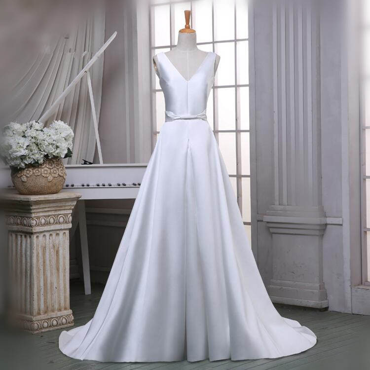 V-neck Simple Satin Wedding Dress A-line White/ivory Elegant Bridal ...