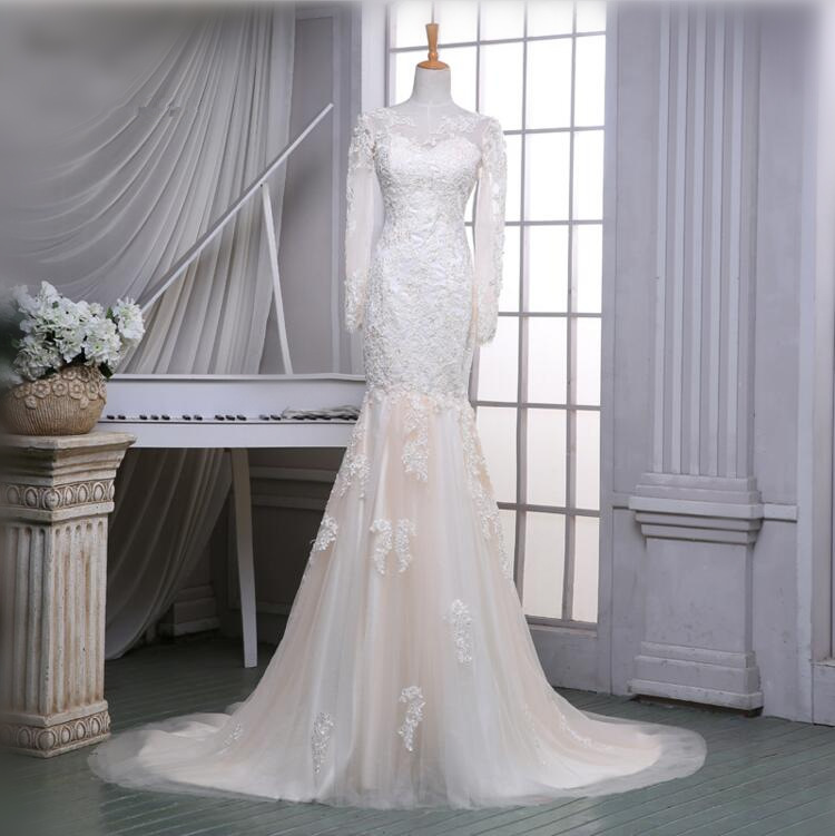 Long Sleeve Wedding Dress 2016 Wedding Gown Mermaid Lace Applique Champagne Wedding Dresses Bridal Dresses