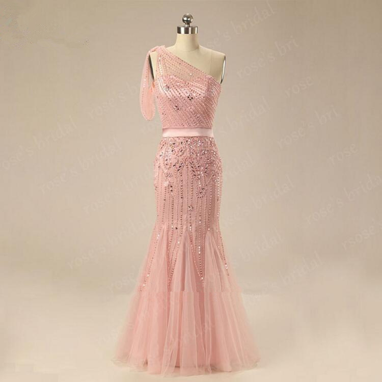 Luxury One Shoulder Beaded Sparkly Long Pink Mermaid Evening Dress Bridesmaid Dress 2016 Bling Gorgeous Formal Party Dress