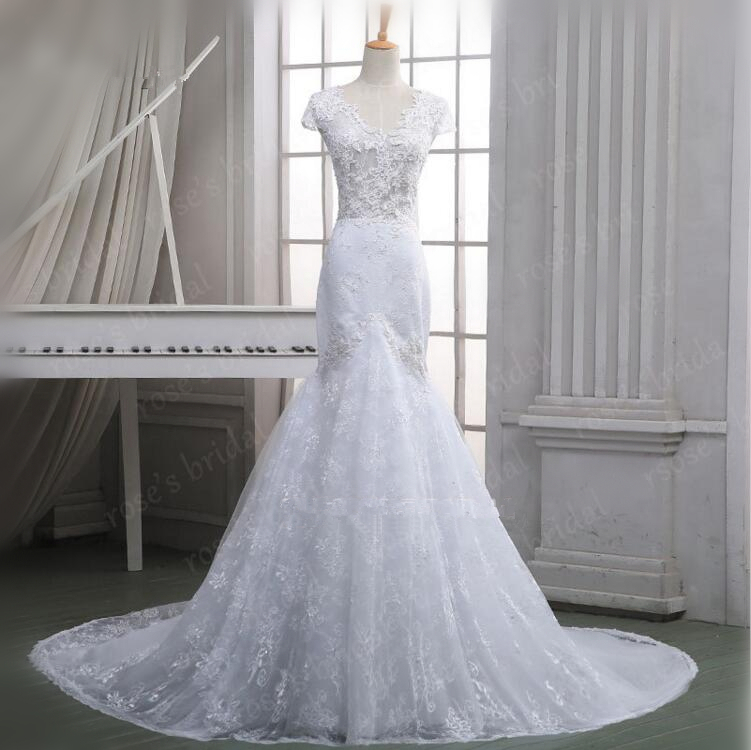 Fashion V Neck Vintage Lace Mermaid White/ivory Wedding Dresses 2016 Elegant Simple Bridal Dress With Sleeves