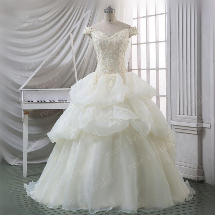 Fashion Cap Sleeve Ivory Wedding Ball Gowns Organza Lace Modest Wedding Dresses 2016 Elegant V Neck Royal Bridal Dresses