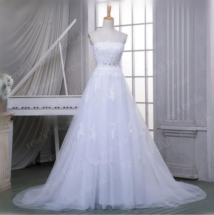 2016 Strapless Lace Tulle White/ivory Simple Wedding Dress A Line Elegant Romantic Bridal Dresses