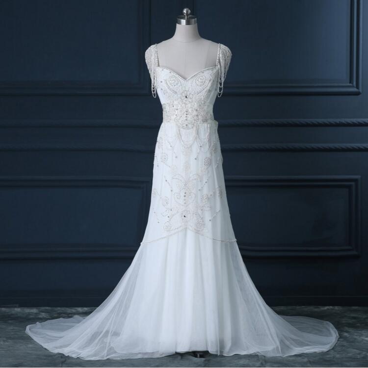 2016 Cap Sleeve Tassel White/ivory Lace Beaded Wedding Dress Luxury Elegant Bridal Dresses