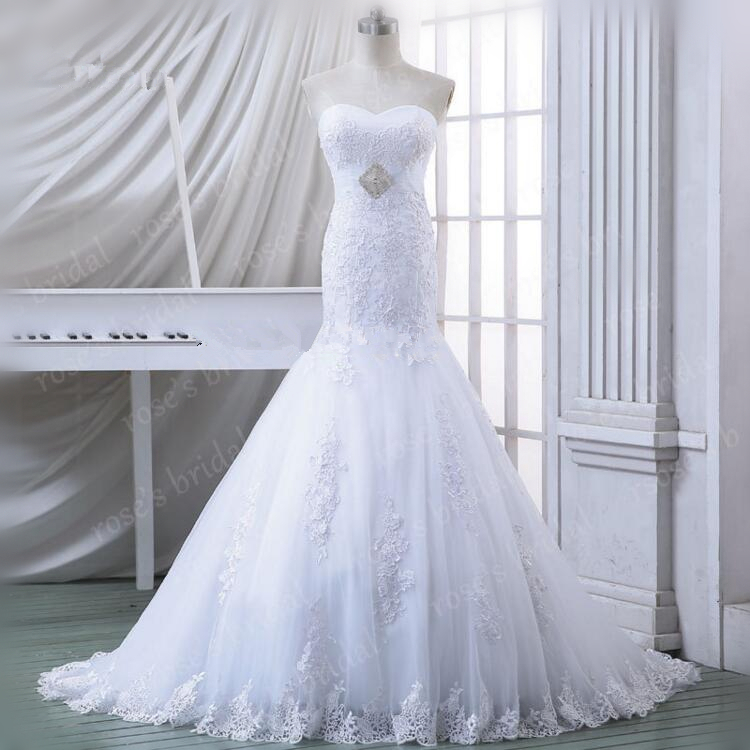 2016 Sweetheart Neckline Mermaid Lace White Wedding Dress Elegant Chapel Train Wedding Gowns Bridal Dress