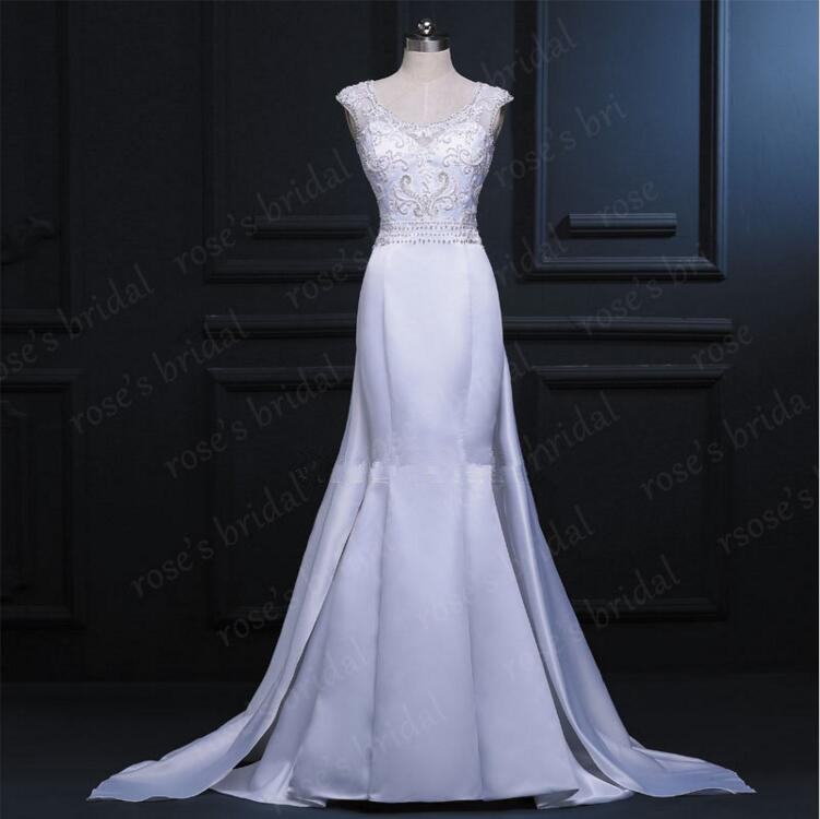 Round-neck Beaded Satin Mermaid Wedding Dress Featuring Sheer Lace Back And Chapel Train