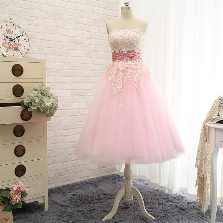 Pink Strapless Lace Appliqué Short Homecoming Dress