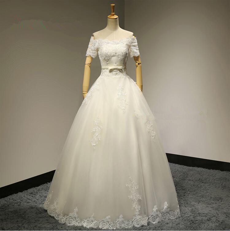 Sexy Lace Appliques Short Sleeves Ball Gown Boat Neck Wedding Dress Bridal Gown