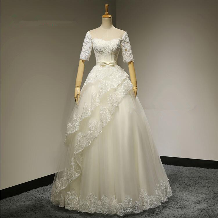 Sexy Ball Gown Lace Half Sleeves Wedding Dress 2016 Bridal Gown Plus Size