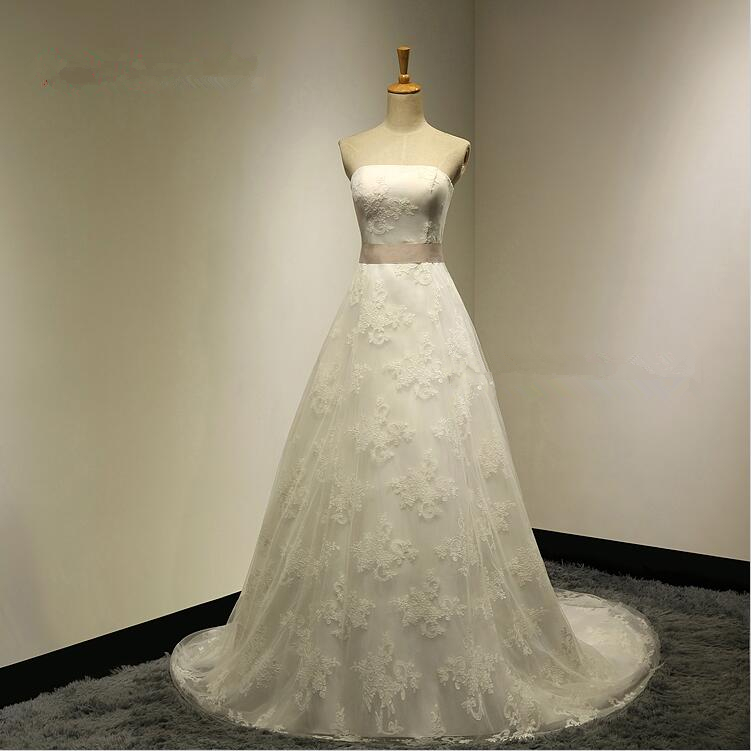 Elegant Ball Gown Strapless Organza Lace Up 2016 Wedding Dress With Back Bow Sash Sweep Train Bridal Gown