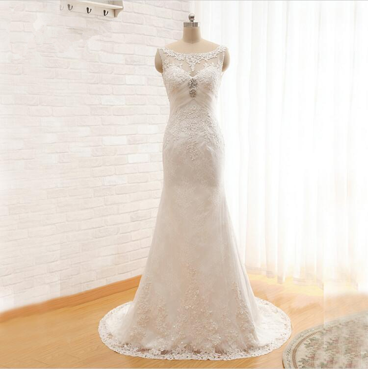2016 Scoop Lace Appliques Crystal Beading Long Mermaid Wedding Dresses Bridal Gown