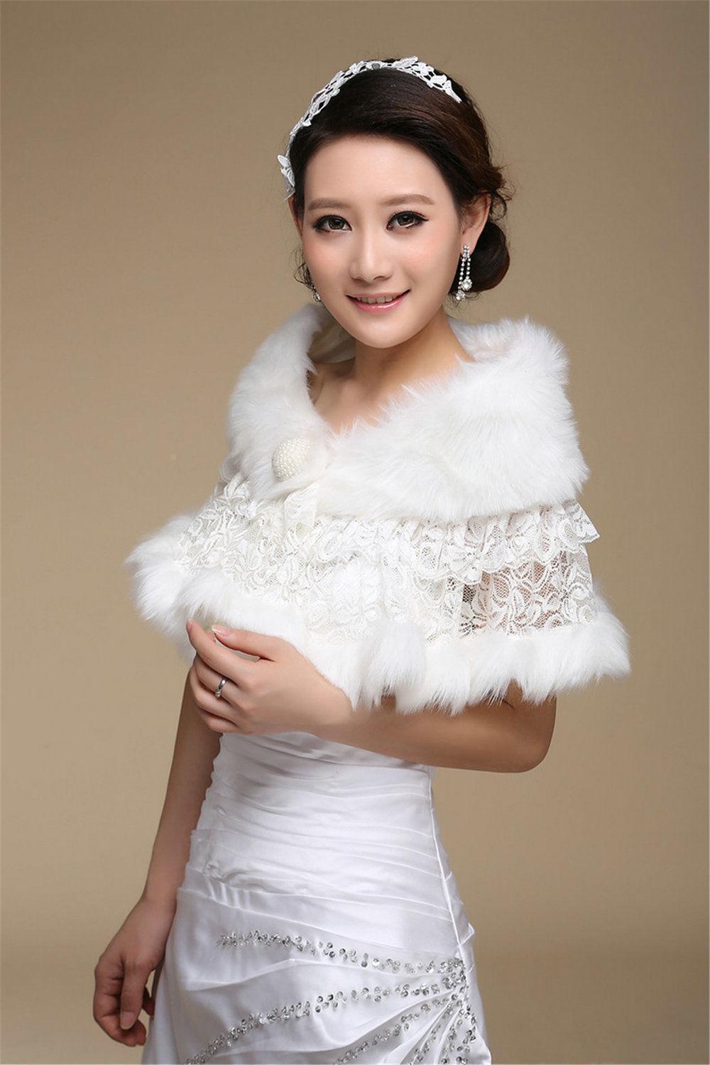 Bridal Shawl Fake Fur Stole White Ivory Lace Shrug Wrap Wedding Accessories