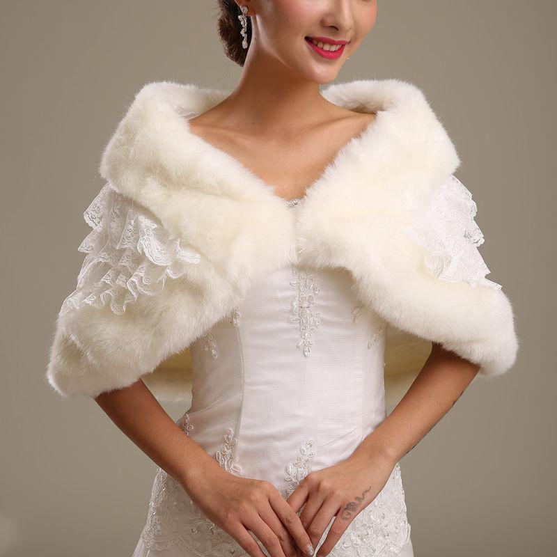 Bridal Lace Shawl Wedding Dress Shrug Cloak Fake Fur Stole Ivory Wrap Jackets