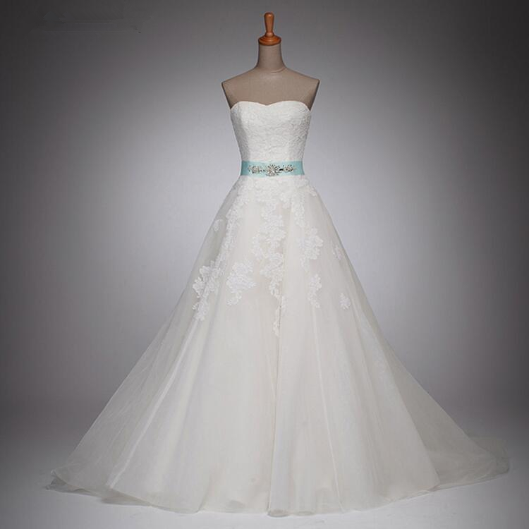 Strapless Sweetheart Lace Appliqués A-line Wedding Dress Featuring Ribbon Sash And Court Train