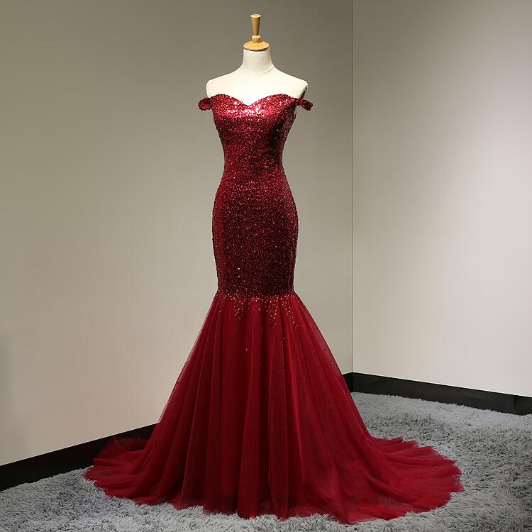 Off The Shoulder Sweetheart Dark Red Prom Dress Beading Sequined Tulle Mermaid Party Dress Long Formal Evening Dress